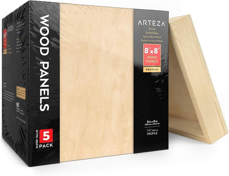 ARTEZA Wood Canvas Boards, 8 x 8 Inches, Pack of 5, Birch Wood, Wooden Panels for Acrylic and Oil Painting, Wood Burning, Crafting - Image 1